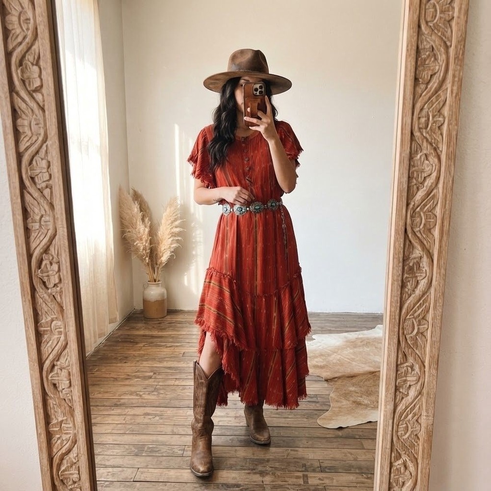 Free People Ruffle Tiered Maxi Dress XS Orange Flutter Sleeve Pockets Western